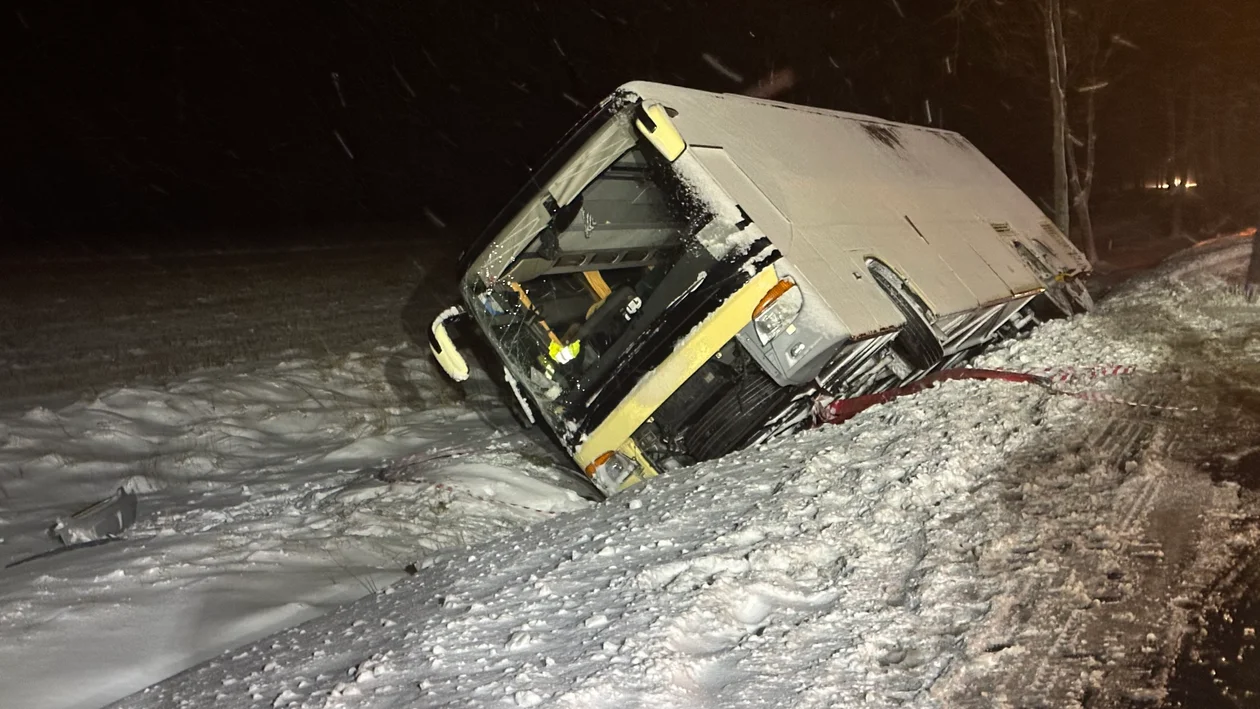 DK33. Silny wiatr zepchnął autobus do rowu [zdjęcia]