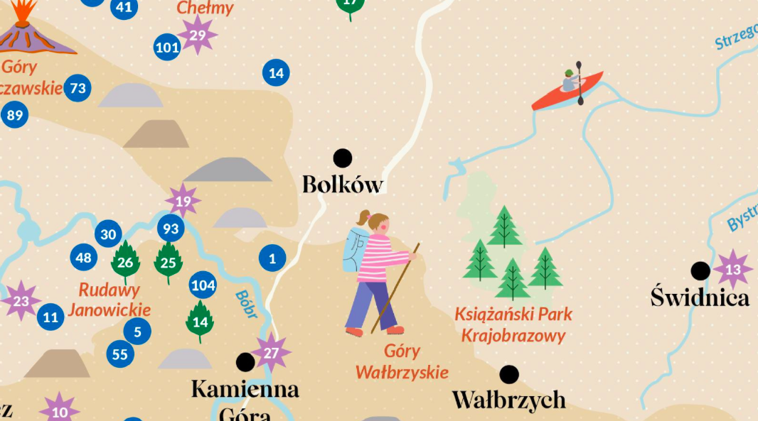 Obiekty zaprezentowane na mapie podzielone zostały na 3 kategorie: miejsca noclegowe, atrakcje przyrodnicze oraz ciekawe budowle
