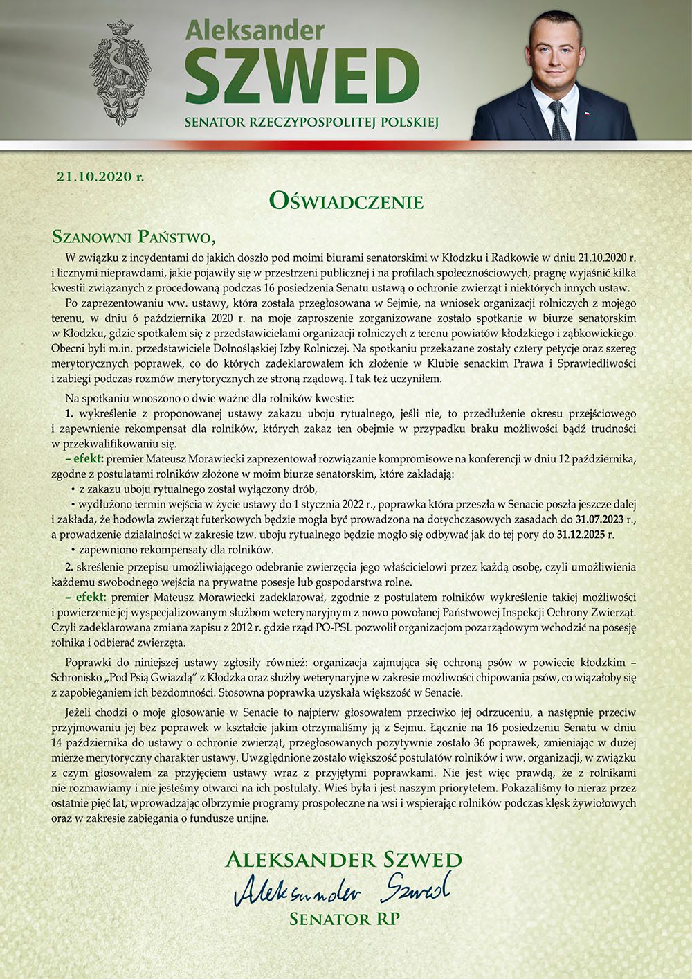 Oświadczenie senatora Aleksandra Szweda 