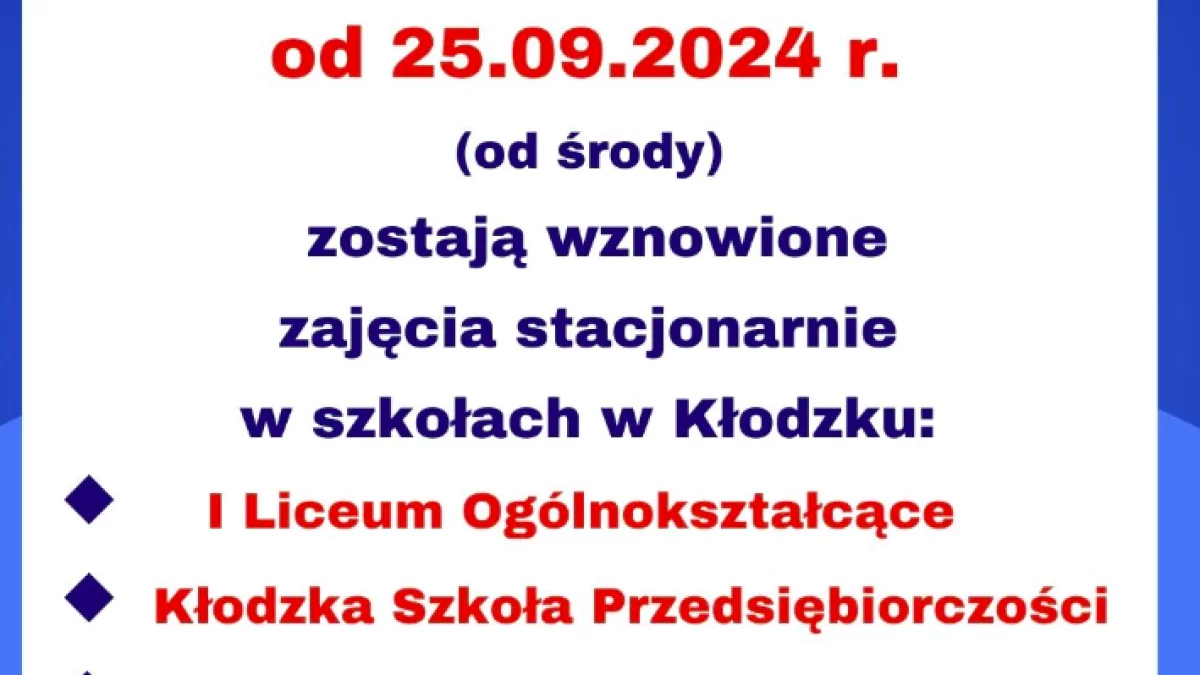 Powiat Kłodzki. Zajęcia w szkołach prowadzonych przez powiat zostają wznowione w trybie stacjonarnym - Zdjęcie główne