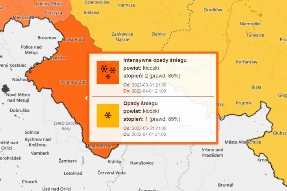 Powiat Kłodzki. Intensywne opady śniegu. IMGW ostrzega  - Zdjęcie główne
