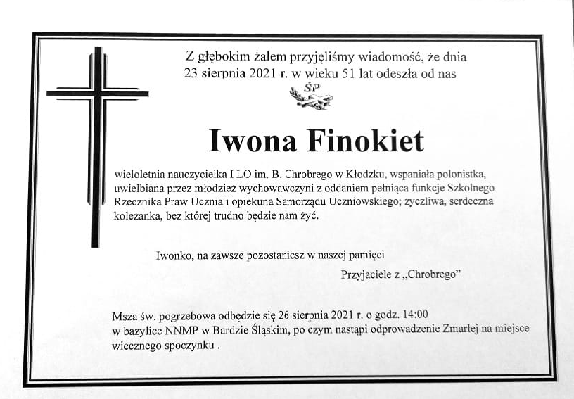 Kłodzko. Zmarła nauczycielka Iwona Finokiet - Zdjęcie główne