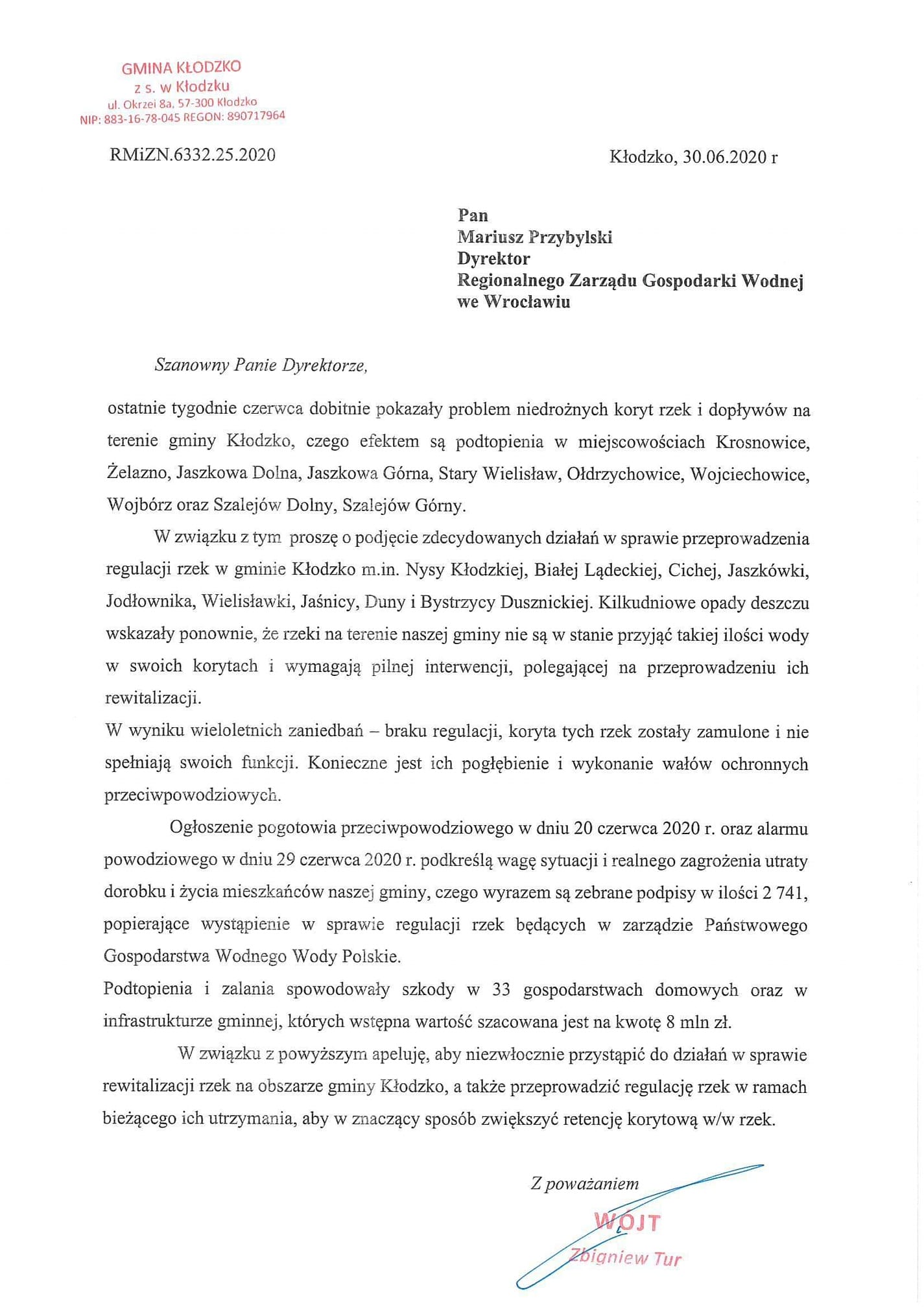 Treść pisma wysłanego przez wójta Zbigniewa Tura