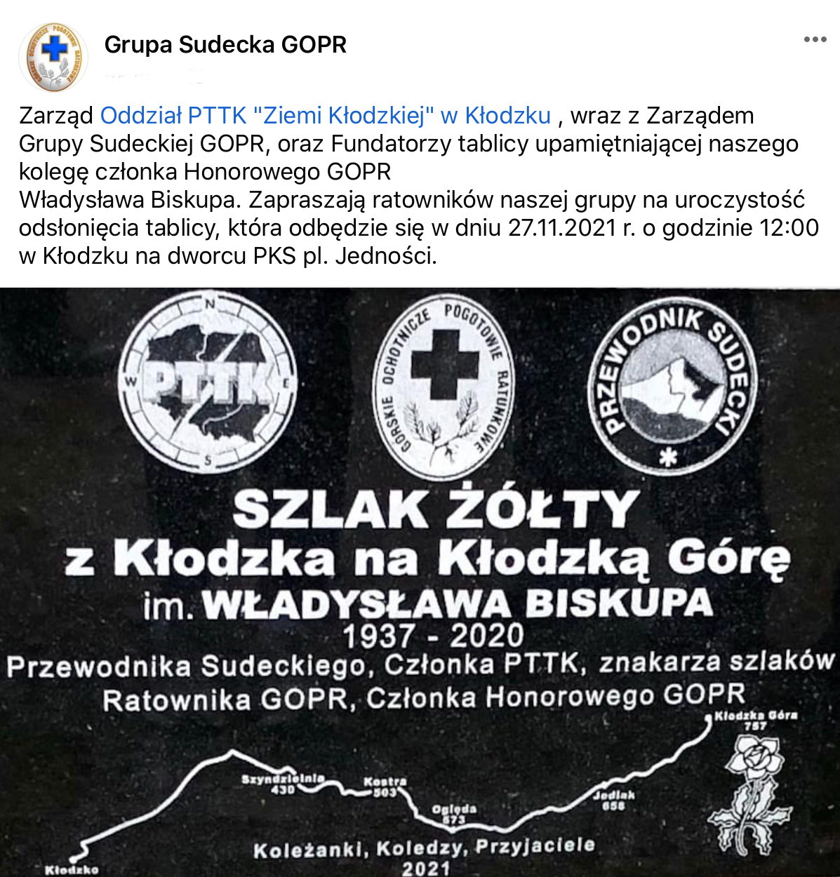 Jutro w Kłodzku odsłonięta zostanie tablica upamiętniającą zmarłego rok temu ratownika GOPR.